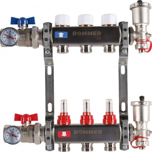 Коллектор из нерж. стали 1"x3/4" ROMMER в сборе с расходомерами 3 вых.